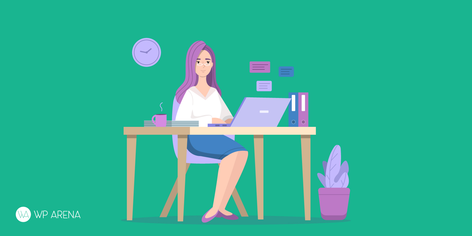 an illustration of a business woman sitting on her desk