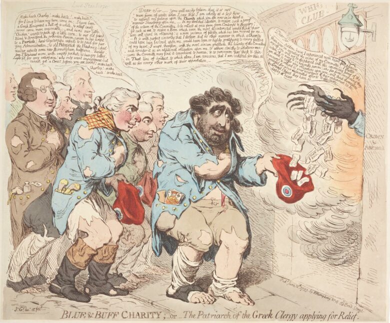 Blue & Buff Charity; - or - The Patriarch of the Greek Clergy applying for Relief. / Js Gy [James Gillray] des. et fect. (print; handcoloured etching)