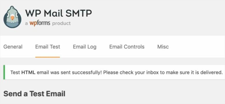 Notice showing the WP Mail SMTP test email sent successfully smtp