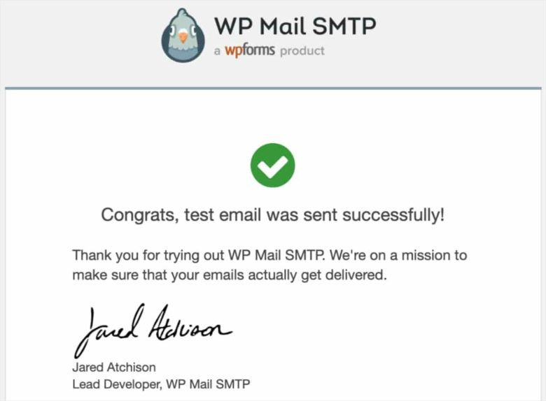 Successful test email from WP Mail SMTP inbox