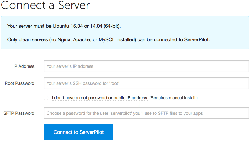 ServerPilot Connect Server Form