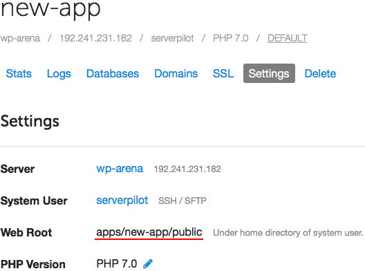 New APP details ServerPilot