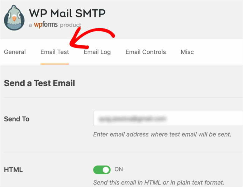 Open the Email Test tab in WP Mail SMTP user