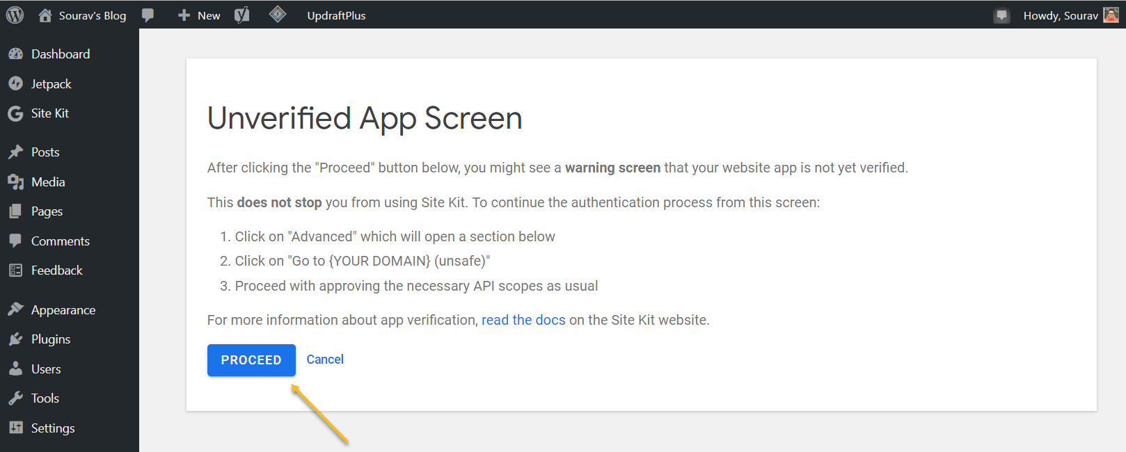 Site Kit unverified app screen message on WordPress
