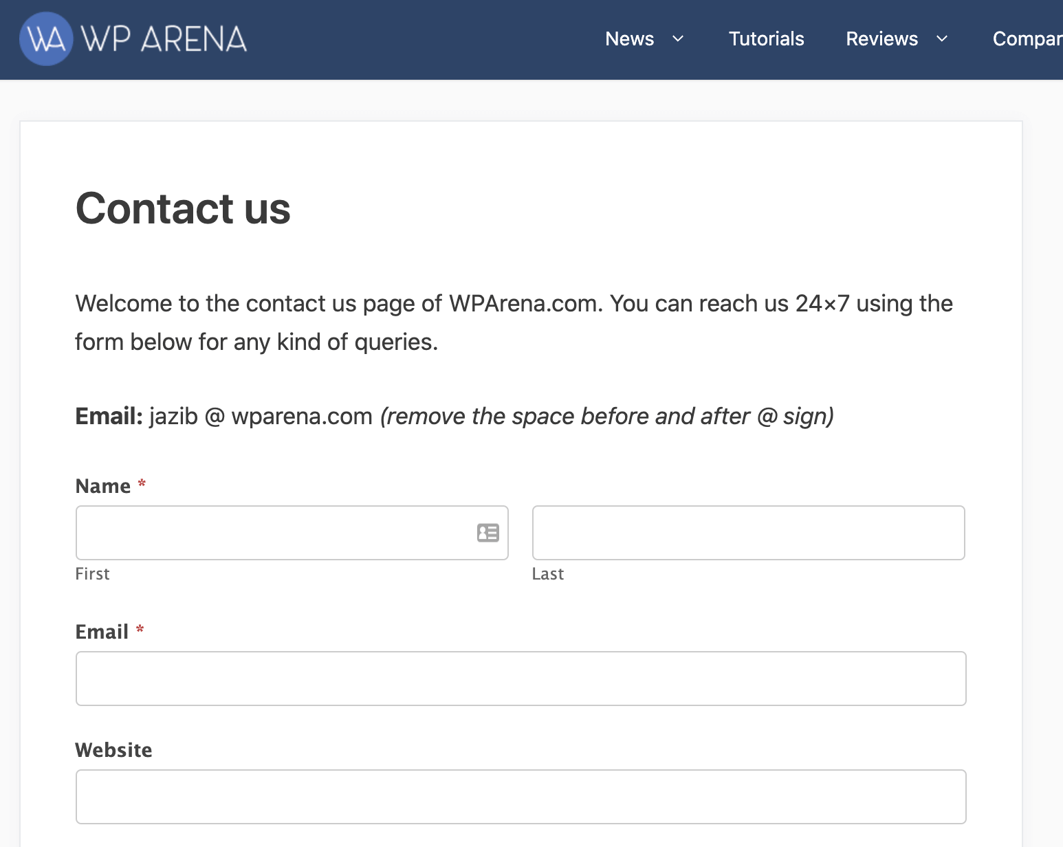 WPArena Contact Us page